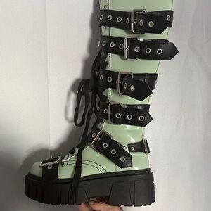 Dolls Kill Black and Light Green Combat Boots